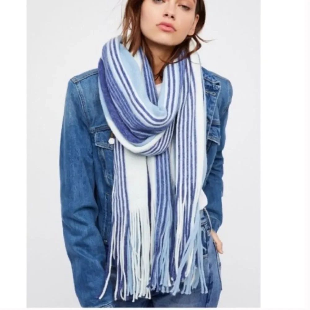 Free People Color Block Blue Stripe Oversized Fringed Edge Scarf Shawl Wrap